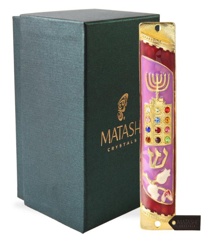 Matashi Hand Painted Enamel Mezuzah W/ A Menorah & Crystals